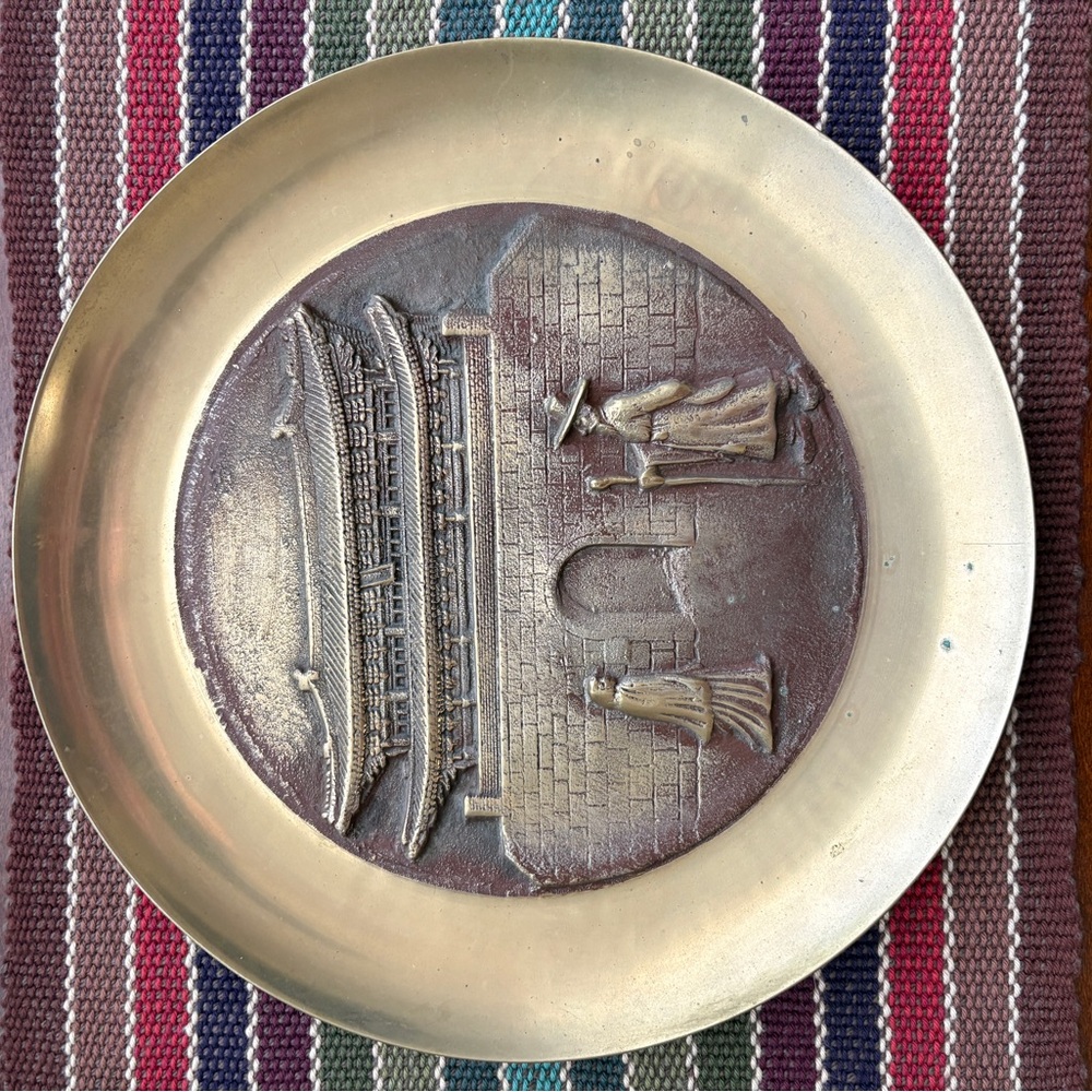 Brass Decorative Wall Plate with Temple Relief - Gold and Brown